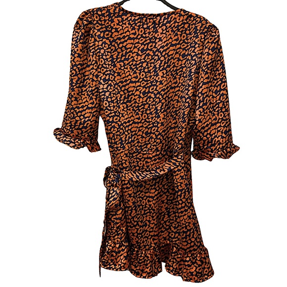 BOOHOO Navy & Orange Ruffled Wrap Dress Half Sleeves Sleek Satiny Short Length - Picture 5 of 15